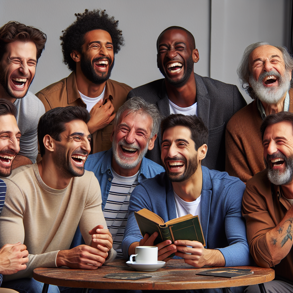 A group of diverse men laughing together at a coffee table, with one of them holding a joke book.