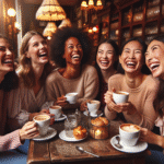 A group of women laughing together at a coffee shop, sharing funny stories and enjoying their time.