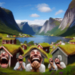 A humorous scene capturing a playful and whimsical moment in a picturesque Norwegian landscape, with hints of traditional architecture.