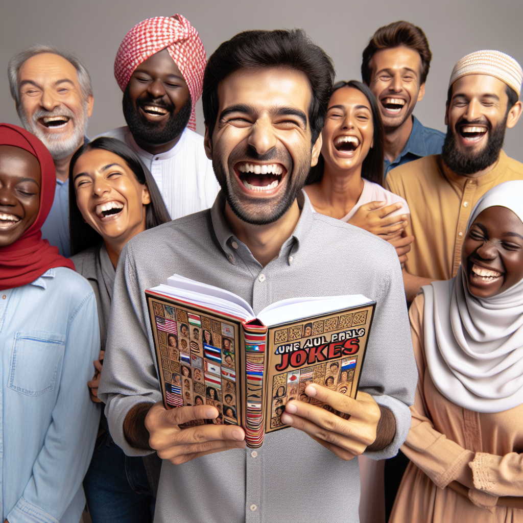En mann står og ler høyt av en bok som er full av tørre vitser, omgitt av folk som smiler.