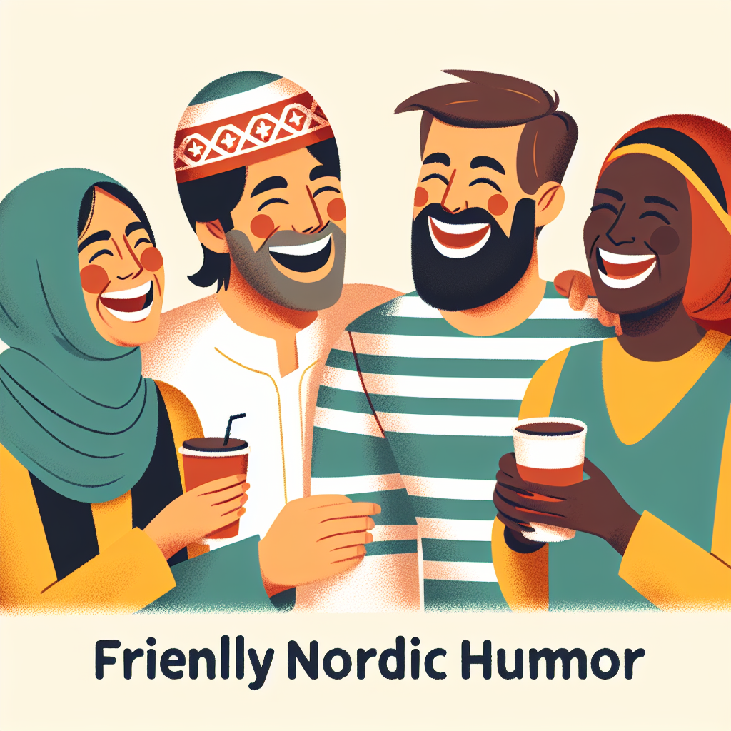 Vennlig nordisk humor - glade mennesker som ler sammen over en kopp kaffe, stilisert, varm fargepalett, moderne flat design