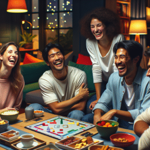 Vennlig stue med venner som ler rundt et bord, myk belysning, brettspill, snacks og en varm, inkluderende atmosfære