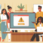 Illustrasjon av en vennlig, moderne kontorscene med en laptop på et skrivebord som viser en humoristisk feilmelding, varme farger og lett, inkluderende stil