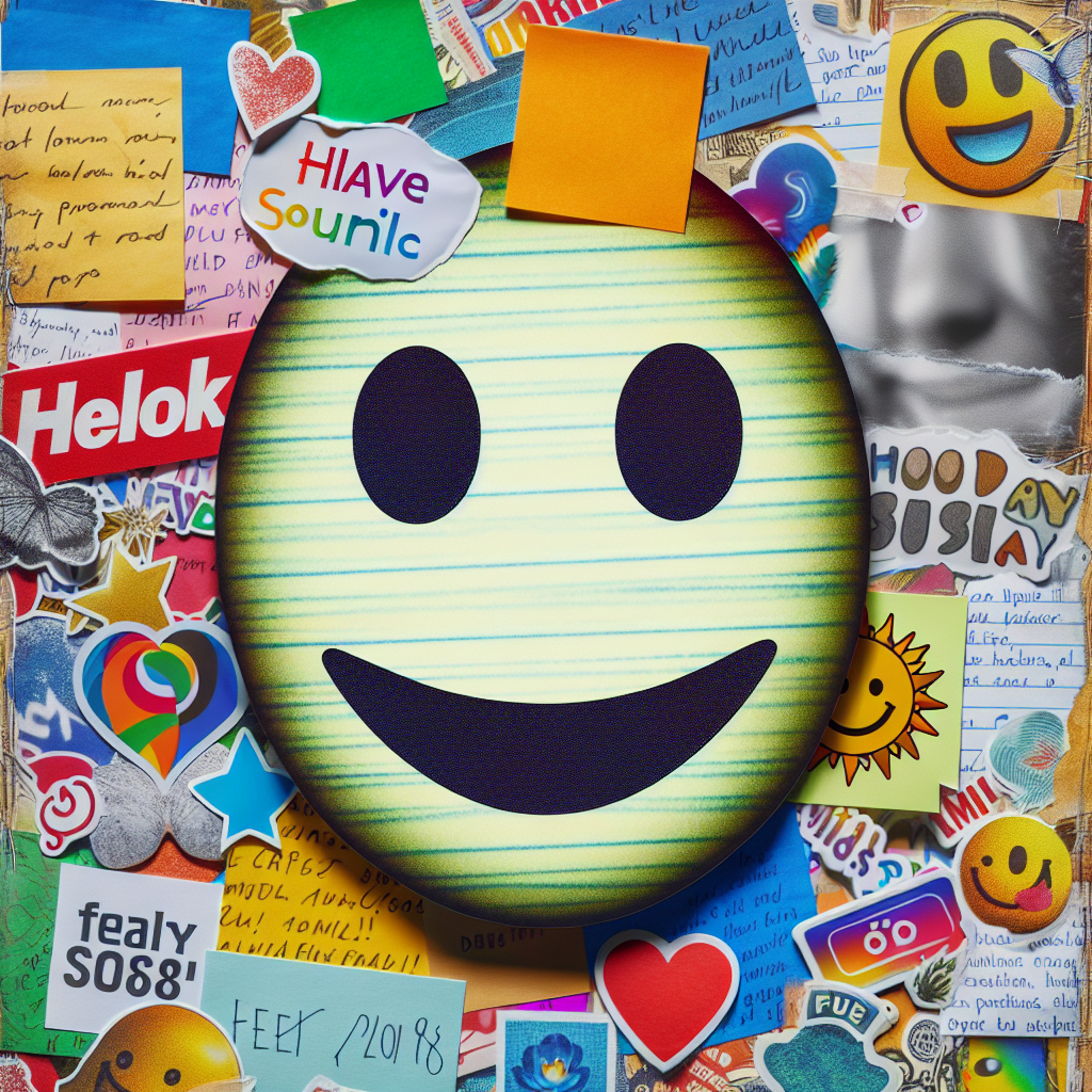 Fargerik collage av håndskrevne lapper, klistremerker og et smilende ansikt i bakgrunnen, lyst og lekent, vekt på humor og varme