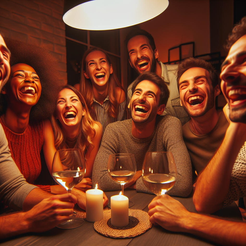En varm og humoristisk scene: en gruppe venner som ler rundt et bord med dempet belysning, moderne hjem, glade ansikter, levende uttrykk, varm fargetone